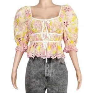For Love And Lemons eyelet puff sleeve peplum blouse size Medium